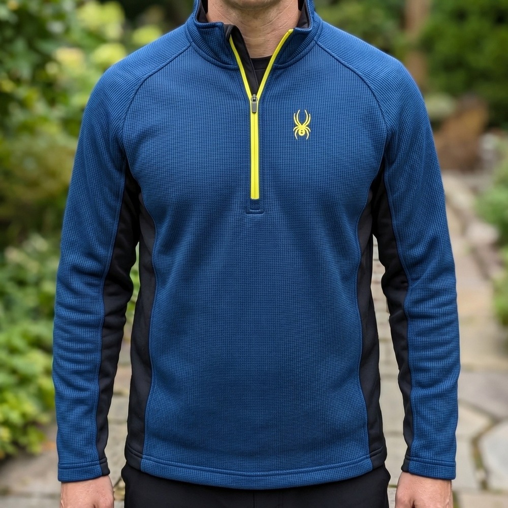 Spyder Mens‎ 1/4 Zip Pullover Blue Black Textured Fleece Ski Mid Layer XL